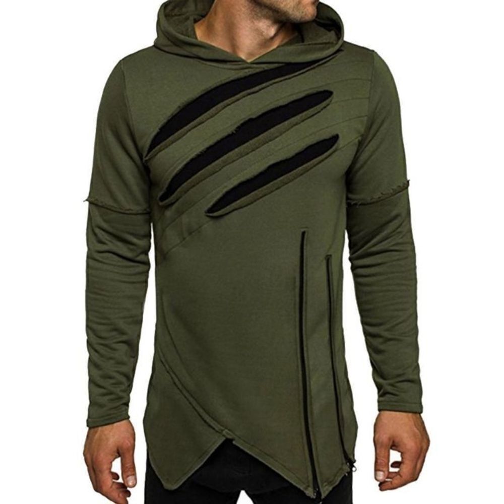 Zacard Hoodie Asymmetrical Ripped Shredded Zipper Unique Army Green Sweatshirt